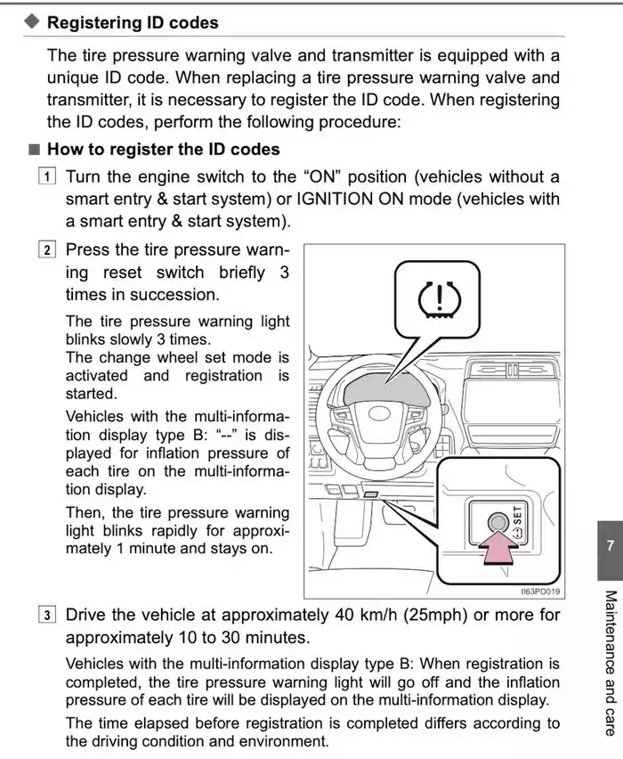 An excerpt from the Toyota LandCruiser Prado 150 manual: Registering tire pressure sensors