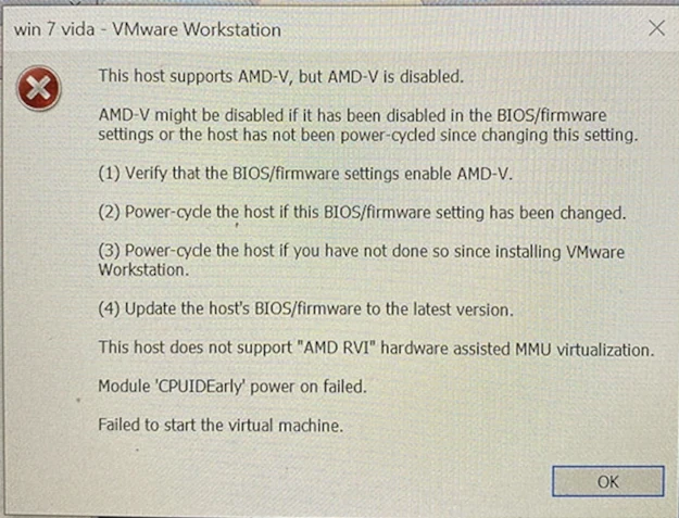 Вікно помилки запуску віртуальної машини на процесорі AMD